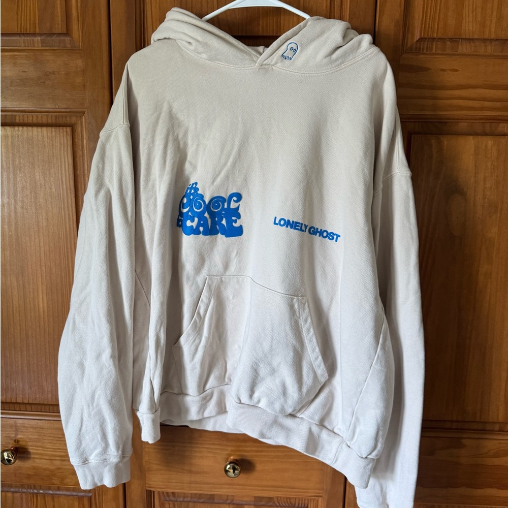 LONELY GHOST Cream Hoodie with Blue Logo